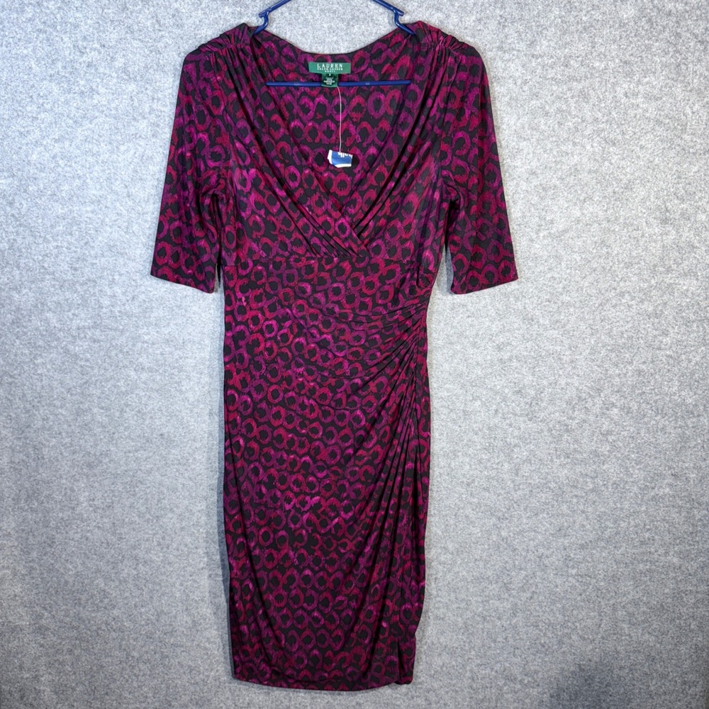 Lauren‎ Ralph Lauren Purple Black Leopard Print Ruched Sheath Dress Size 2